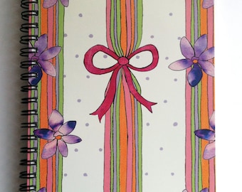 Sketchbook or Journal - Orchids and Stripes Design - Blank Book - Spiral Bound - Collage Illustration