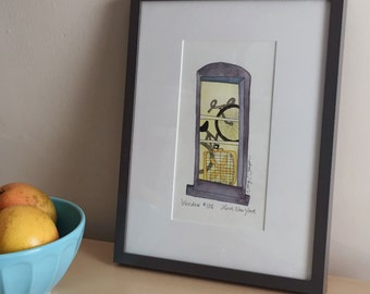 Framed Drawing with Fan and Bike - Original Art - Ink and Watercolor - NYC Window #108 - Love, New York