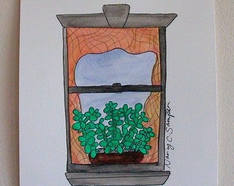 Window Drawing with Plant - Original Art - Ink and Watercolor - NYC Window #42 -  Love, New York