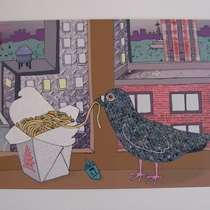 Carte de vœux des Fêtes - Joyeux Hanoukka - Colombophile mangeant des plats chinois à emporter à Brooklyn - Collage Art