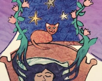 Art Print - Collage - Girl and Cat - Dreaming - Night - Digital Art