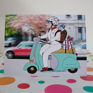 Geburtstagskarte - Frau und Katze auf Roller - Vespa - Stadt - Geburtstags - Illustration