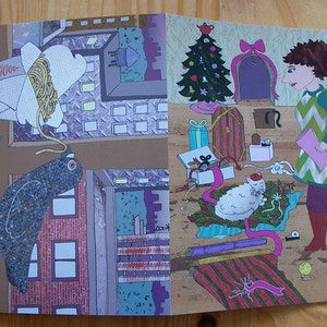 Hanukkah en kerst groeten - twee Holiays in één kaart - duiven - vrouw met kat en geschenken
