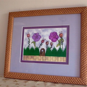 Flower Garden Illustration - Framed Print - Purple Flowers - Digital Collage