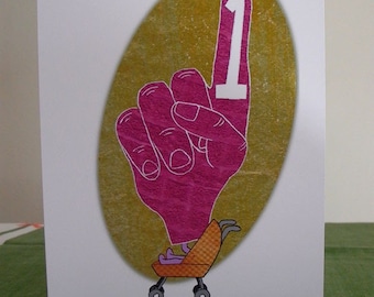 First Birthday - Greeting Card for a Baby GIRL - Sports Fan - Foam Finger - Collage Illustration