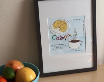 Framed Art - French Croissant and Coffee - Original Drawing and Watercolor on paper - Colson Patisserie in Brooklyn - Love, New York