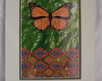 Butterfly Illustration Print with Matt - Monarch Butterfly - Digital Collage - Mexican Textiles