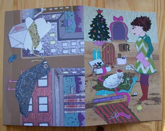 10 Cards - Dual-Holiday Card for Hanukkah and Christmas - Pigeon Eating Noodles - Woman and Cat Wrap Gifts - 2 Holidays in One Greeting Card