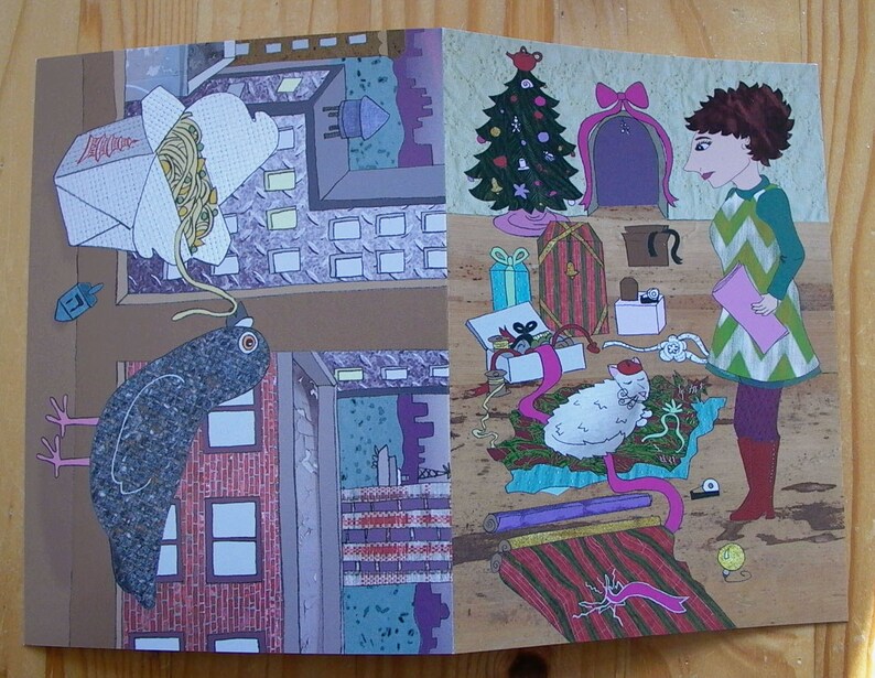 10 Cards Dual-Holiday Card for Hanukkah and Christmas Pigeon Eating Noodles Woman and Cat Wrap Gifts 2 Holidays in One Greeting Card image 1