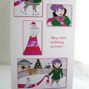 Op de afbeelding: Een kerstkaart met een roze en witte kat met een kerstmanmuts, een meisje met een paarse hoed en een groene jas, en de tekst "May this holiday season..."