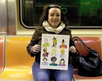 New York City People Subway Print - Ink and Watercolor Print - "Subway Hairstyles" - Love, New York - Illustration
