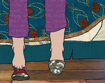 Collage Illustration - Feet with Sparkly Slippers and Pajamas - Peacock Pattern - Matted Art Print