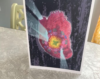 Greeting Card - Brokenhearted Kaleidoscope Illustration - blank card - glowing heart - note card -drawing - collage - 5x7