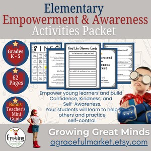 Elementary Empowerment & Awareness Packet, SEL Activities for K-5, Kindness, Confidence, Respect, Self-Control, Teacher Mini Guide