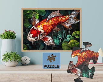 Stained Glass Koi Fish 1000 Piece Jigsaw Puzzle – Jewel-Toned Art, Challenging Adult Puzzle Game, Ultimate Serenity Gift