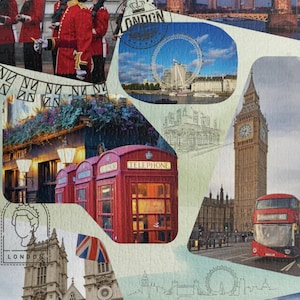 May include: A jigsaw puzzle featuring a collage of London landmarks including the Tower Bridge, the London Eye, Big Ben, a red double-decker bus, red telephone booths, and guards in red uniforms with black bearskin hats, plus a Union Jack flag.