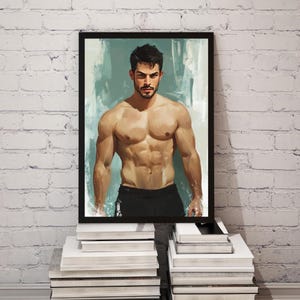 Poster mannelijk model Vetgedrukte muurdecoratie voor homegym, gespierd kunstwerk, sensuele en sterke mannelijkheid fitnessprint