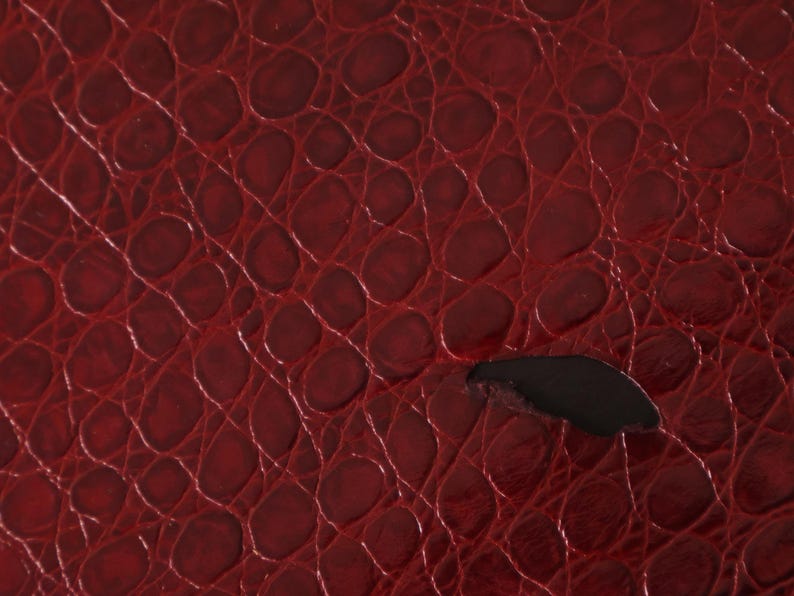 May include: Close-up of a red textured leather surface with a small black shape in the center.