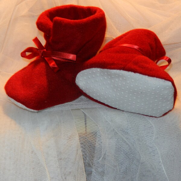 Booties Red Velvet Fleece 4 1/2 inch sole Ties with a ribbon. Christmas or Valentines