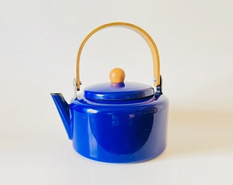 Vintage Royal Blue Enamel and Bamboo Tea Kettle | Unmarked, Teak, Tea Time, Teapot, Drinkware, Drink, Container