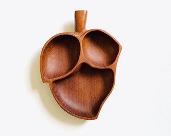 Large 3 Compartment Strawberry or Jalapeno Shaped Wooden Dish | Wood, Hawaiian, Serving Tray, Decorative Bowl, Teak, Heavy