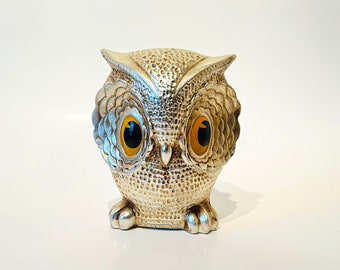 Vintage Gold and Silver Colored Owl Figurine Children's Savings Bank | Retro Owl Bank, Coin Container, Animal, 1960s