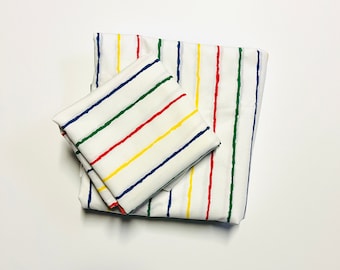 Vintage 1970s Striped Red, Yellow, Green, Blue Flat Twin Bedsheet and Pillowcase | Retro, Bedding, Neutral, Mod Home