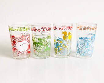 Vintage 1970s Warner Brothers Inc. Juice Size Collectors Drinking Glasses - Sylvester, Foghorn Leghorn, Bugs Bunny, Taz, Daffy