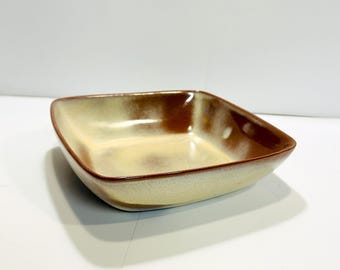 Vintage Frankoma Plainsman Stoneware Yellow and Brown Toned Square Shaped Fruit Bowl 5NS