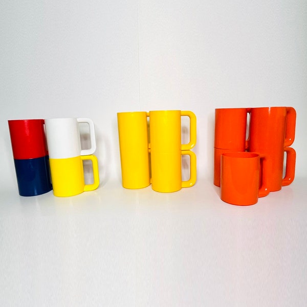 Brightly Colored  Mid Century Mod Heller Style Mugs | Massimo Vignelli, Red, Yellow, Orange, Blue, White