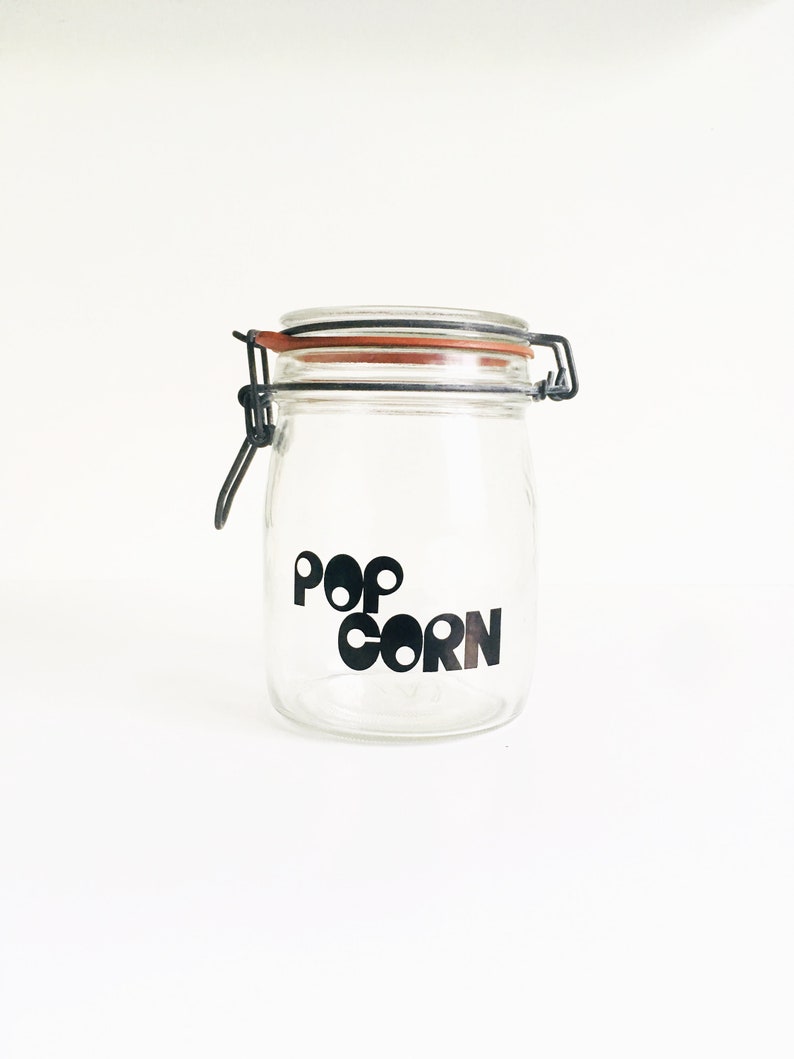 Vintage Glass Popcorn Storage Container Retro Jar With Funky Lettering