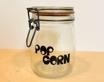 Vintage Glass POPCORN Storage Container | Retro Storage Jar with Funky Lettering