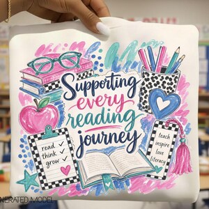 Könnte beinhalten: Ein weißes T-Shirt mit einer bunten Grafik und dem Text Supporting every reading journey. Das Design zeigt Bücherstapel, eine türkisfarbene Brille, einen rosa Apfel, ein Klemmbrett mit Checkliste, einen Stiftehalter und ein Lesezeichen mit Quasten.