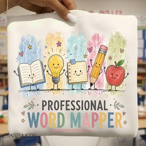 Op de afbeelding: Een wit sweatshirt met een kleurrijke afbeelding van een lachend boek, een gloeilamp, een notitieblok, een potlood en een appel. De tekst luidt PROFESSIONAL WORD MAPPER in donkere letters met kleurrijke accenten en kleine sterren.