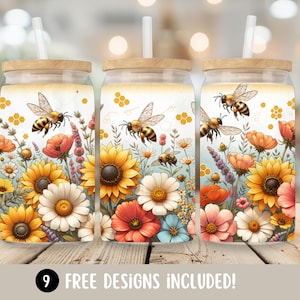 Bee Lover Glass Can Tumbler, Bee 16oz Glass Cup Wrap Sublimation Design, Floral Tumbler Wrap PNG, Summer Flowers Bee Tumbler Digital Design