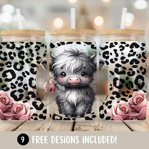 Highland Cow Flower Sublimation Design, Pink Spring Highland Cow 16oz Libbey Glass Cup Wrap, Cowhide PNG Glass Can Wrapper