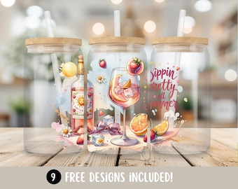 Summer Vibes Glass Can Tumbler Wrap, Summer Drinks 16oz Glass Cup Wrap Sublimation Design, Tropical Summer Beach Digital Download, Wine PNG