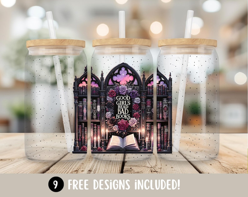 May include: Three clear glass tumblers with black lids and straws. Each tumbler features a graphic of a bookshelf with books and candles. The middle tumbler has the text "Good Girls Read Bad Books" on the bookshelf.