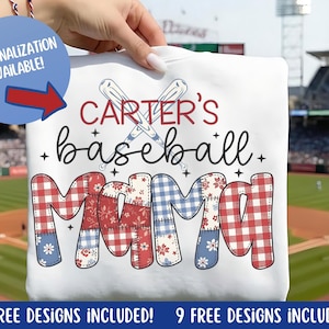 Paquete PNG de mamá de béisbol con patchwork occidental para familia, camiseta de juego roja, blanca y azul con nombre personalizado