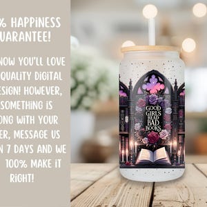 May include: A white tumbler with a black and purple design featuring a gothic archway with bookshelves and the text "Good Girls Read Bad Books".