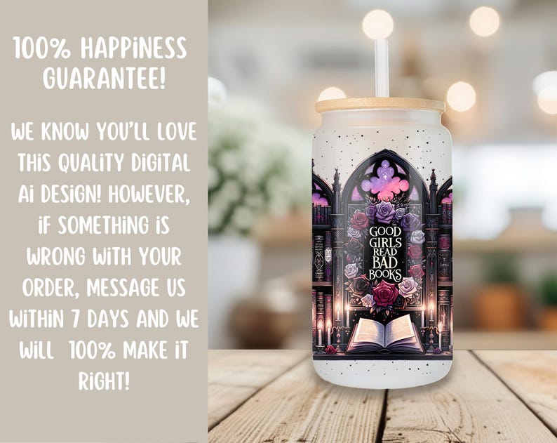 May include: A white tumbler with a black and purple design featuring a gothic archway with bookshelves and the text "Good Girls Read Bad Books".