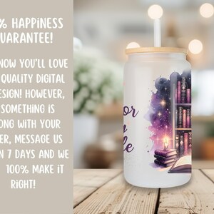 May include: A white tumbler with a bamboo lid and straw. The tumbler has a design of a bookshelf with books and a candle in front of a galaxy background. The text "For Every Page" is on the side of the tumbler.