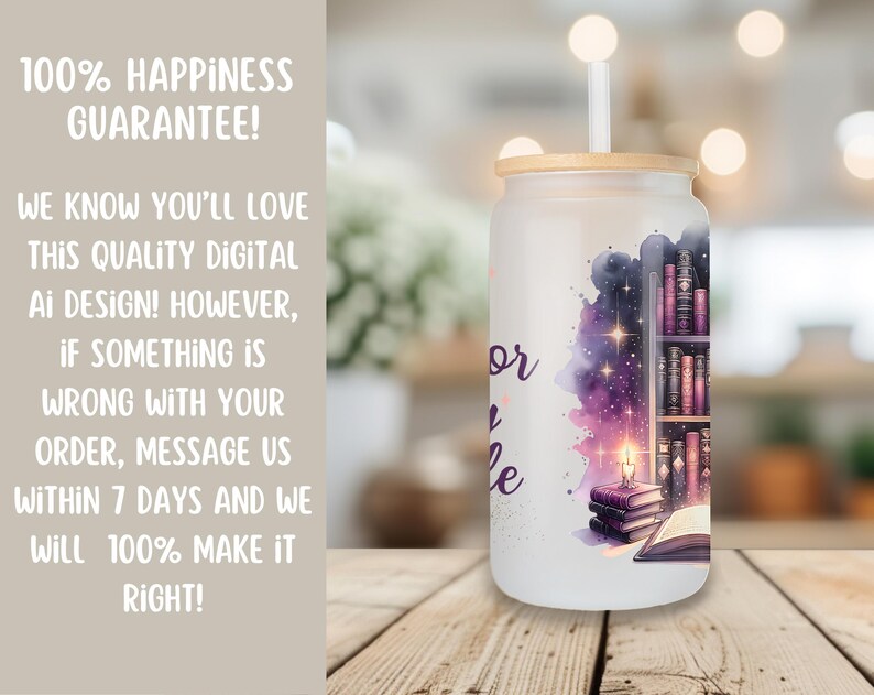 May include: A white tumbler with a bamboo lid and straw. The tumbler has a design of a bookshelf with books and a candle in front of a galaxy background. The text "For Every Page" is on the side of the tumbler.