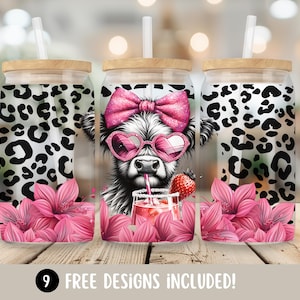 Cow Print Glass Can Wrapping, Highland Cow Flower Sublimation Design, Summer Highland Cow 16oz Glass Cup Wrap, Cowhide PNG Digital Download