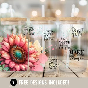 Inspiration 16oz Libbey glasmuggomslag, motiverande citat PNG glasburk sublimeringsdesign, vildblommor glastumbleromslag digital nedladdning