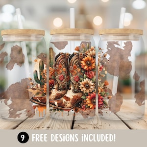 Western Glass Wrap, Country Flowers PNG, Cowboy Boots 16oz Libbey Glass Cup Tumbler Wrap, Cowprint Digital Download PNG, Cowboy Themed Gifts