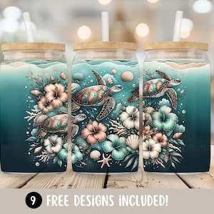 Sea Turtle PNG Designs, Tropical Flowers 16oz Glass Cup Wrap Sublimation Design, Sea Turtle Glass Can Tumbler Wrap, Summer Digital Download