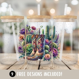 Western Glass Wrap, Country Flowers PNG, Cowboy Boots 16oz Libbey Glass Cup Tumbler Wrap, Western Digital Download PNG, Cowboy Themed Gifts