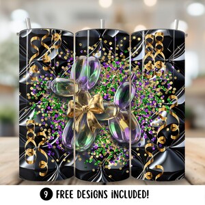 May include: A stainless steel tumbler with a festive design. The tumbler features a black background with a repeating pattern, gold ribbons, and a balloon animal with a gold bow. The design includes green, purple, and gold confetti. The text "9 FREE DESIGNS INCLUDED!" is at the bottom.