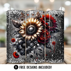 Flowers Tumbler 20oz Sublimation Design, Black Glitter Tumbler Wrap, Floral Digital Download, Flowers Tumblers Wrap PNG for Skinny Tumbler